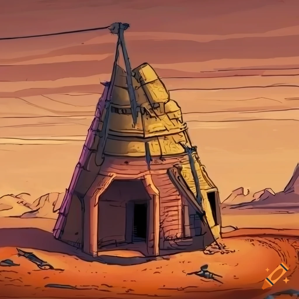 comic style depiction of a small hut in the desert