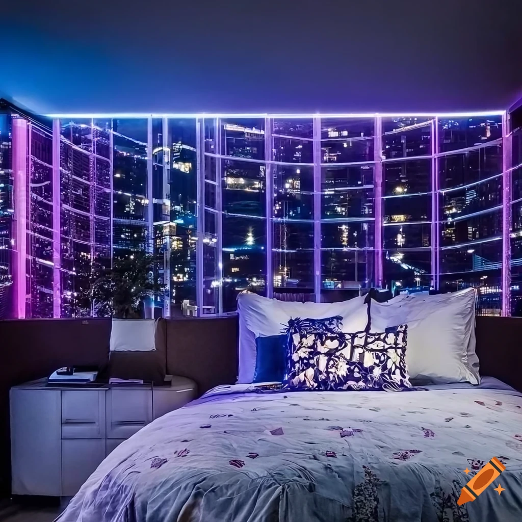 Vibrant city skyline seen from a cosy bedroom at night