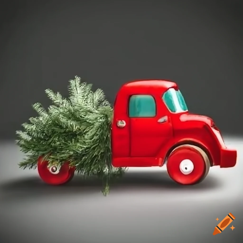 Red truck carrying a christmas tree