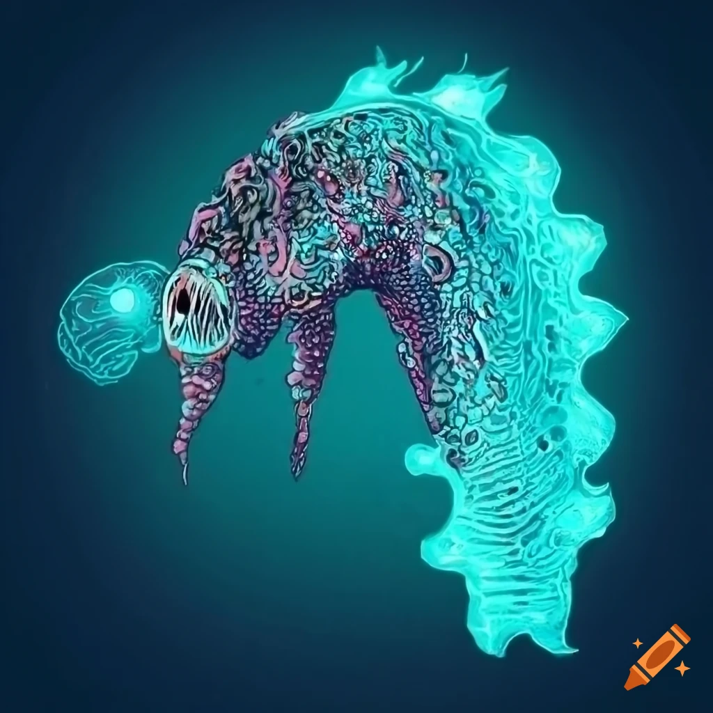 detailed etching of a sea cucumber-merman monster