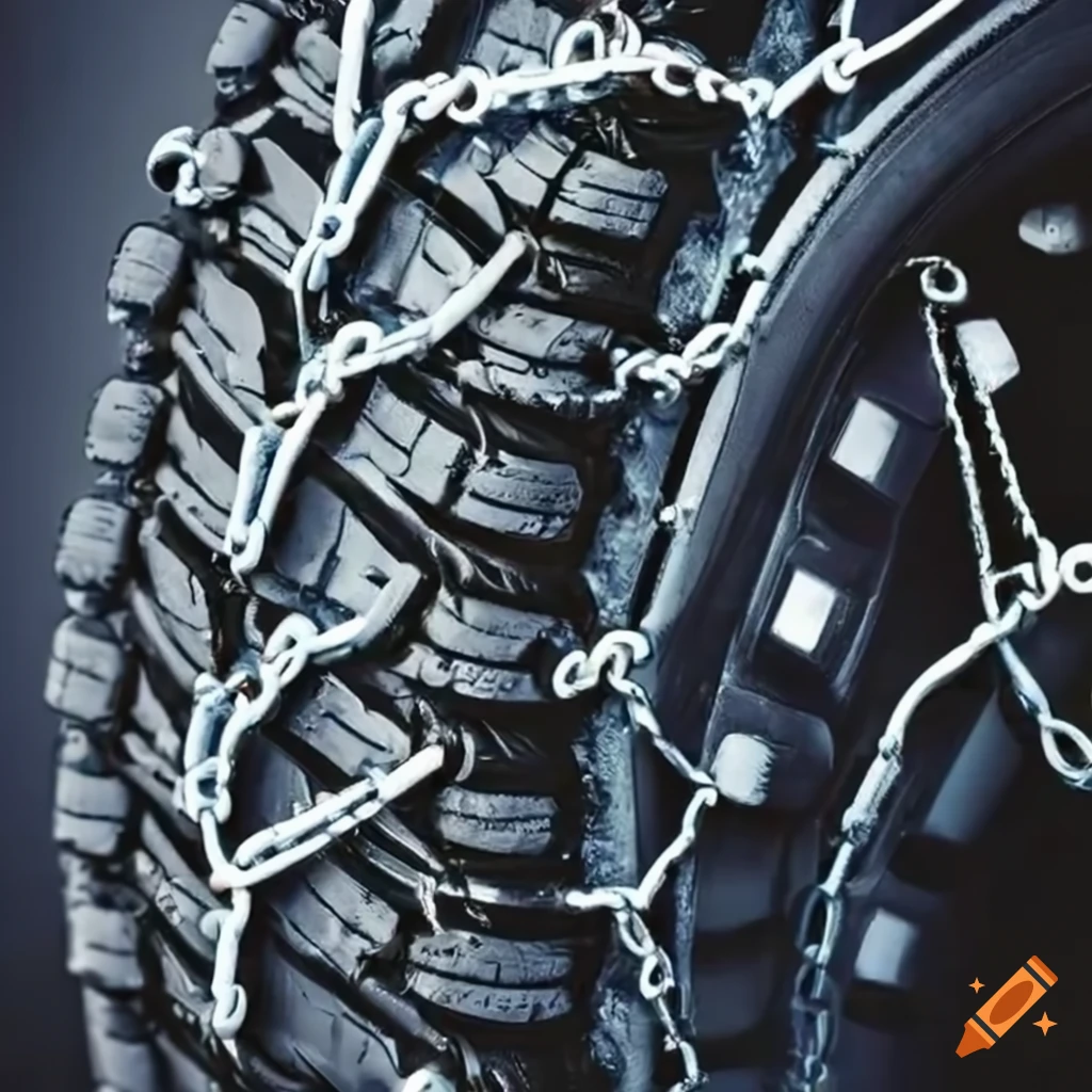 Car tire with snow chain attached