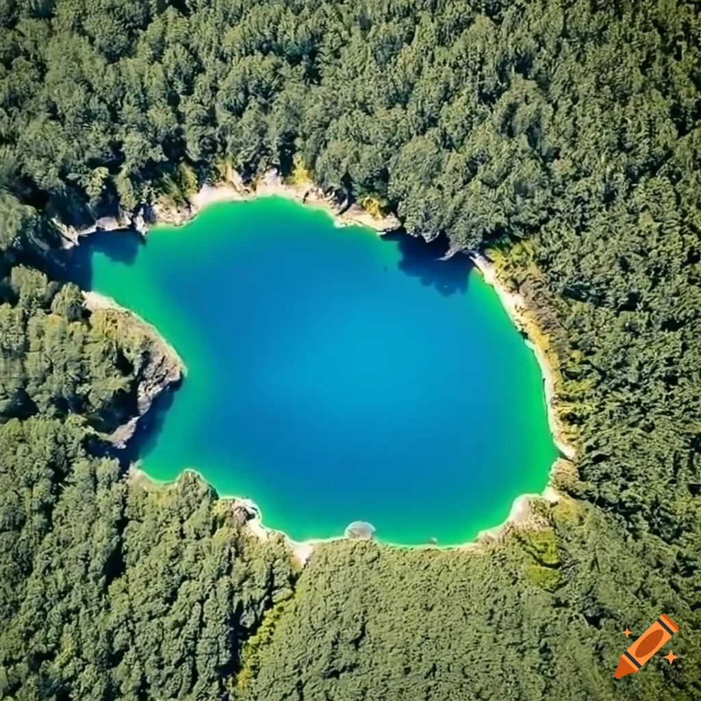 aerial view of a mountain lake with a sharp triangle formation