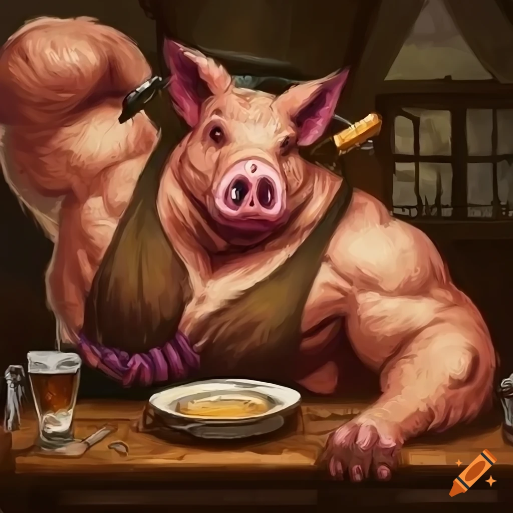 illustration of a muscular pig in a pub