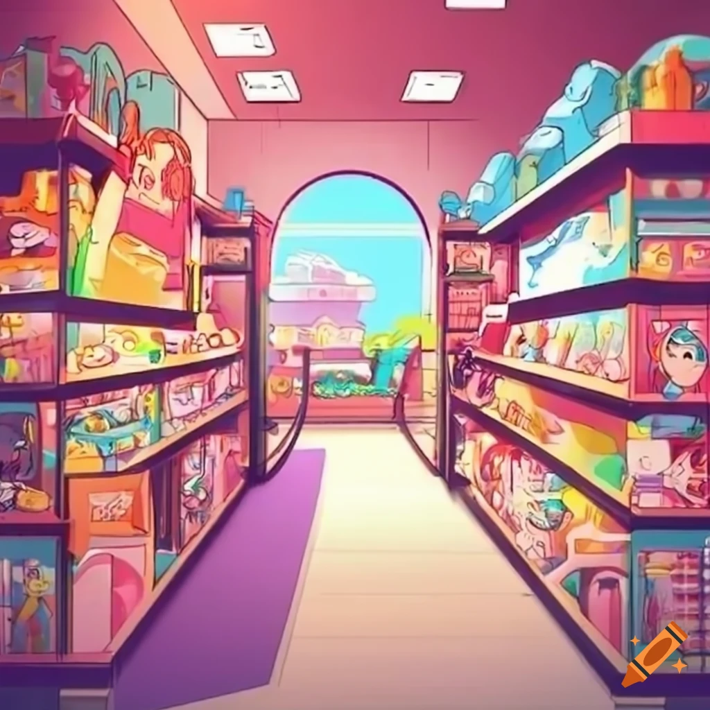 anime-style interior of a toy store