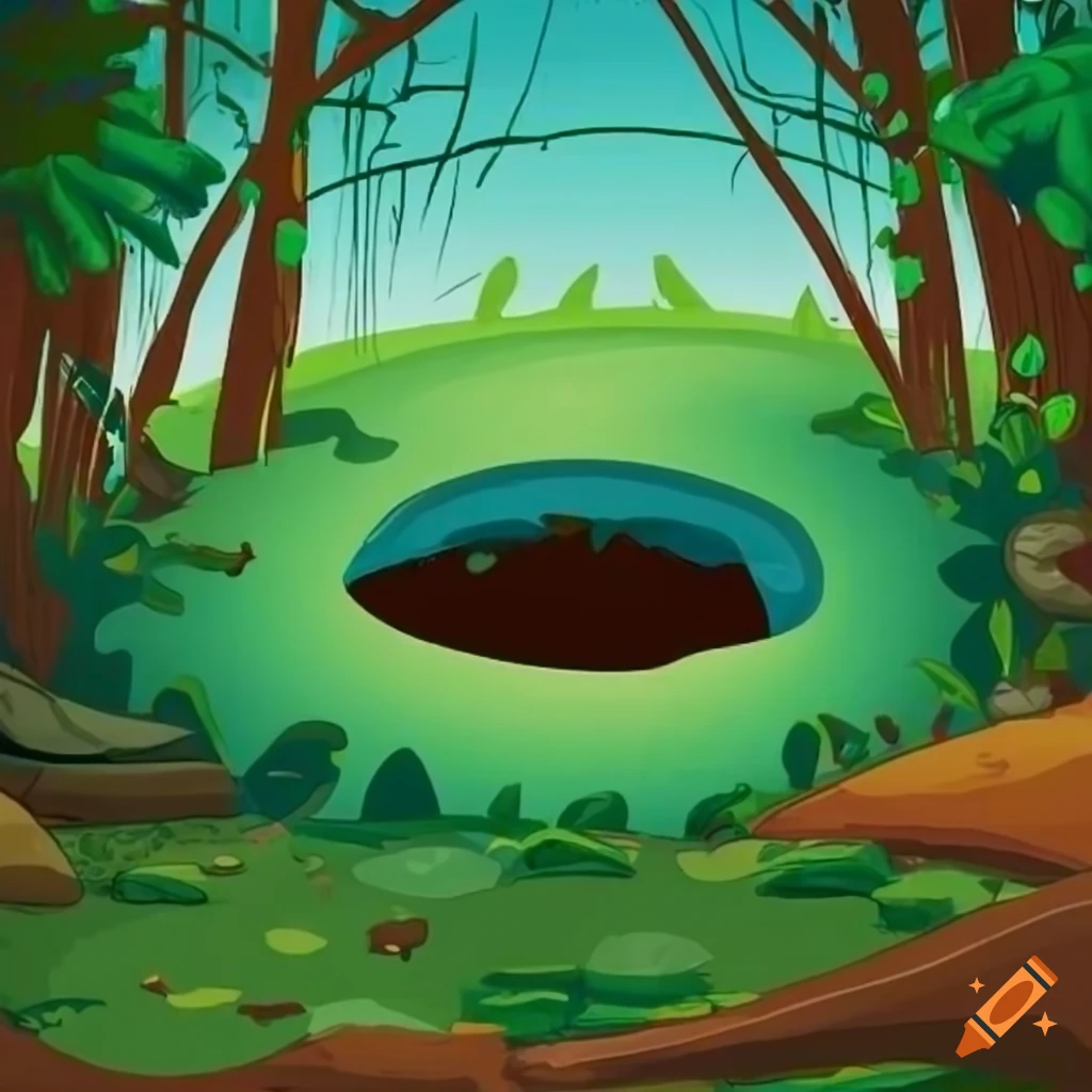 cartoon illustration of a mysterious hole in the jungle