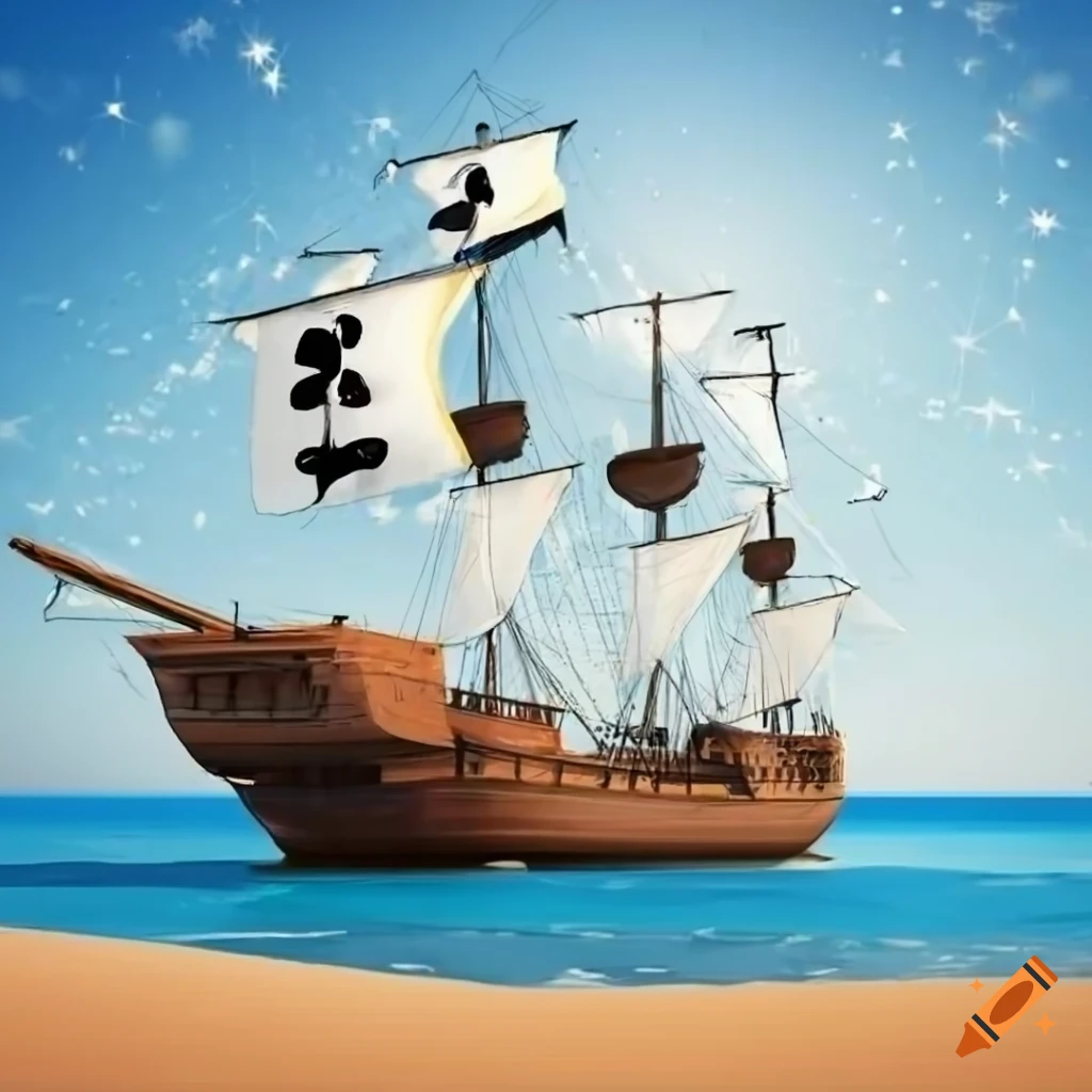3D rendering of a pirate ship on a sunny beach