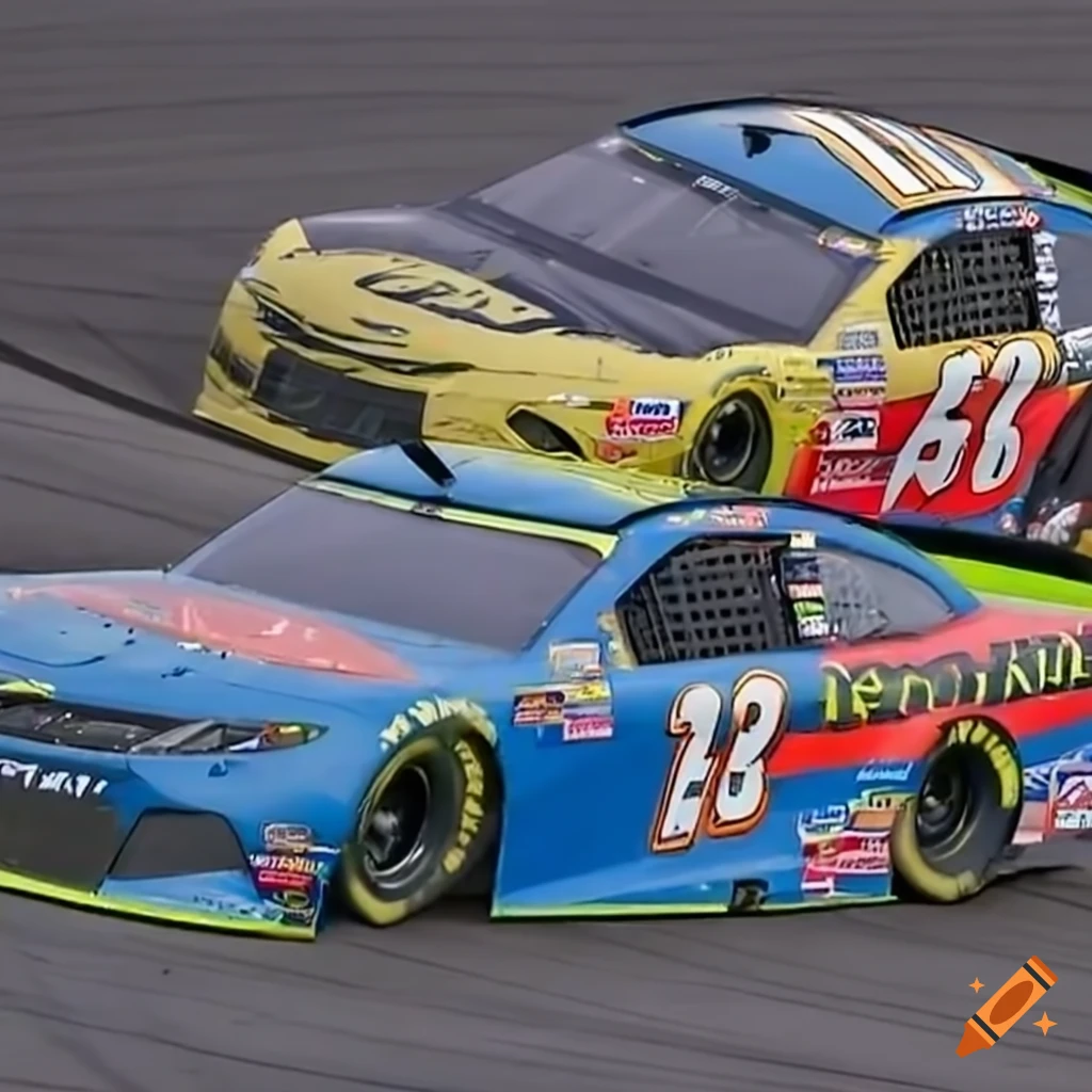 Nascar racecar with bob on the side crossing the finish line