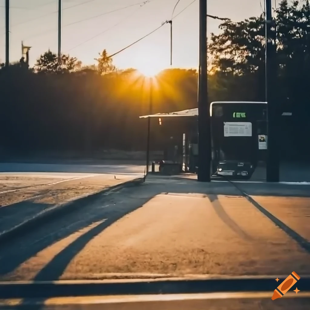 Cinematic view of a bus stop during golden hour