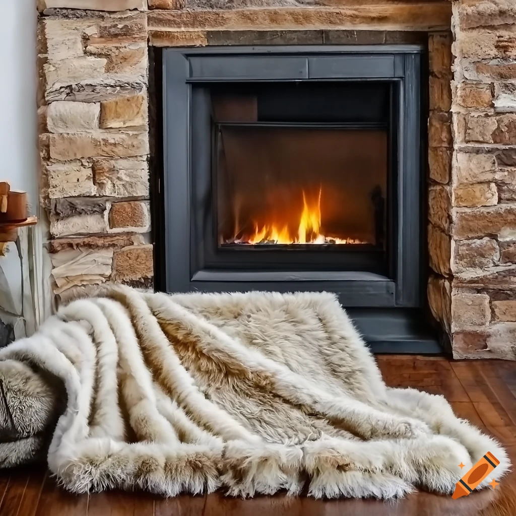 Cozy fireplace with a bear fur blanket