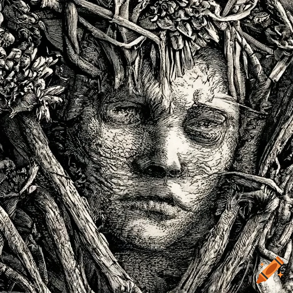 Engraving of a wicker teenage boy dancing with a flower man