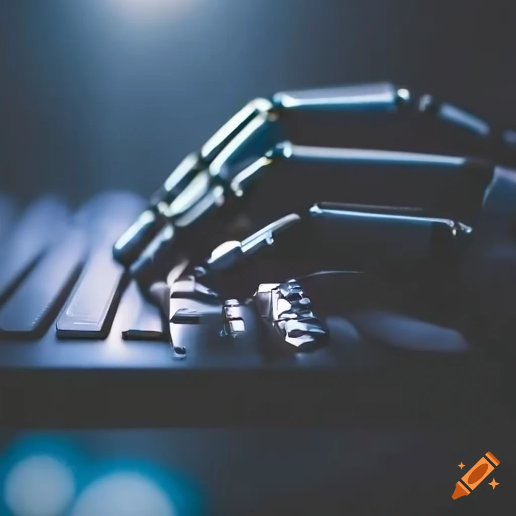 metallic robot hand typing on a keyboard