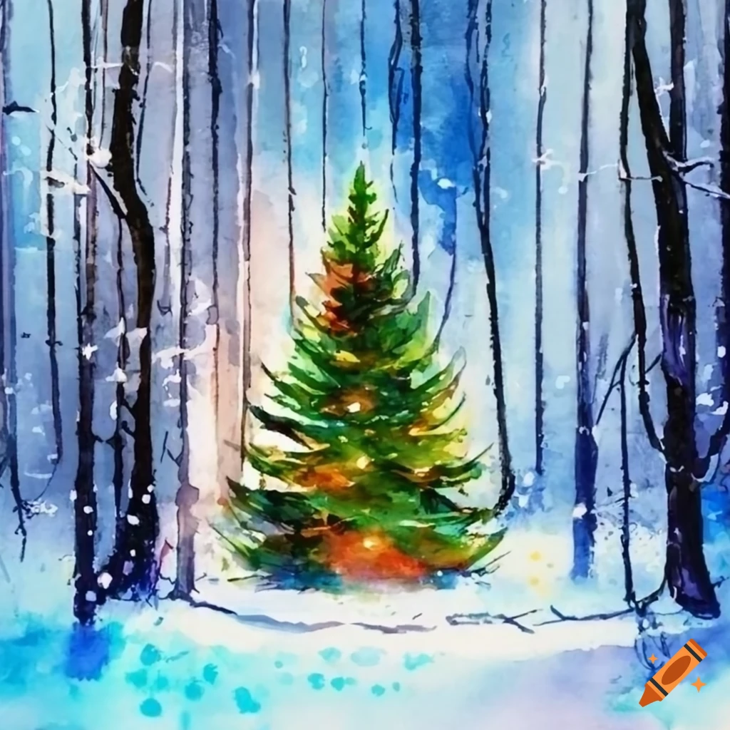 watercolor painting of a snowy forest Christmas tree