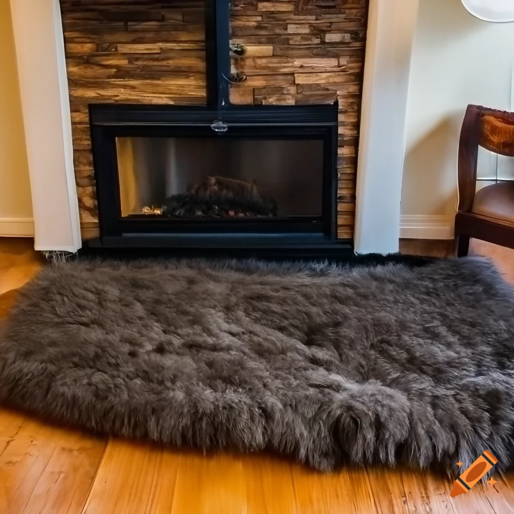 Cozy bear fur carpet in front of fireplace