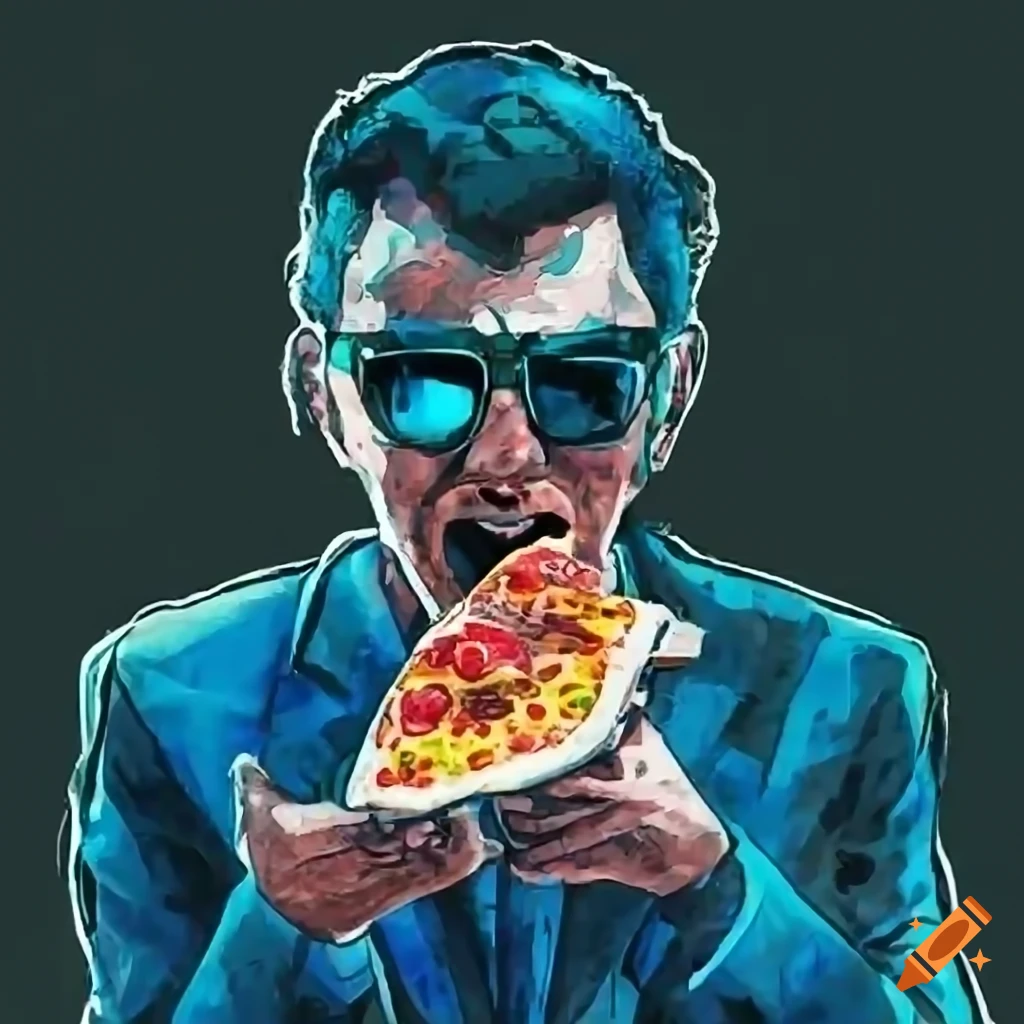 funny image of a music producer eating pizza near a synthesizer