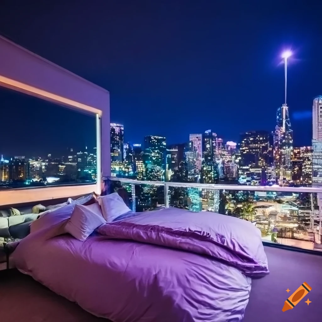 Cozy bedroom with a city skyline view at night on Craiyon