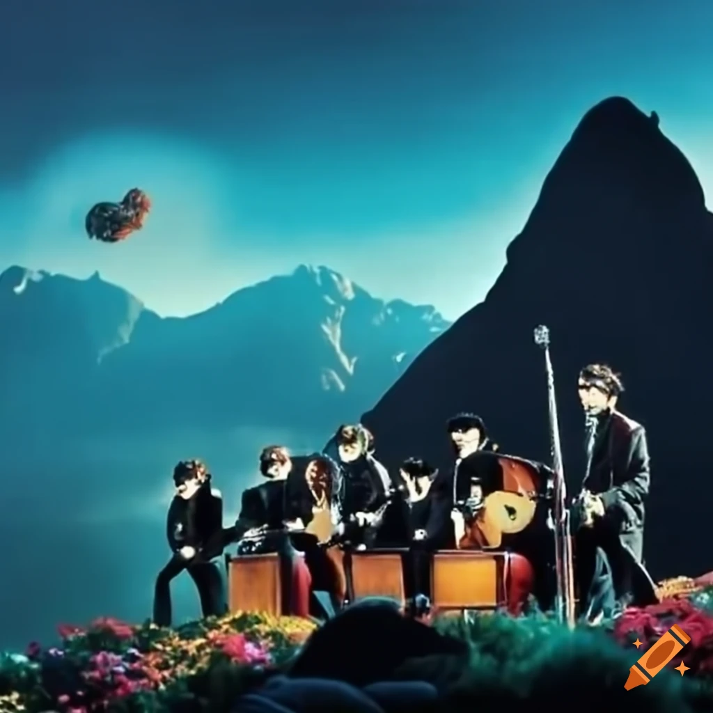 the Beatles performing live on a mountain