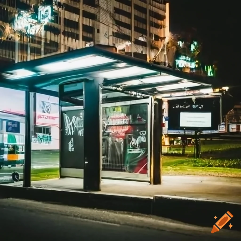 green-lit bus stop at night