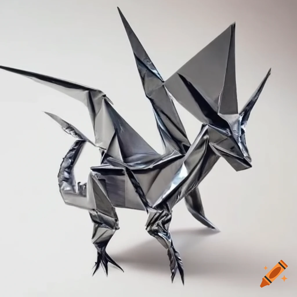 Silver reflective mylar origami dragon on Craiyon