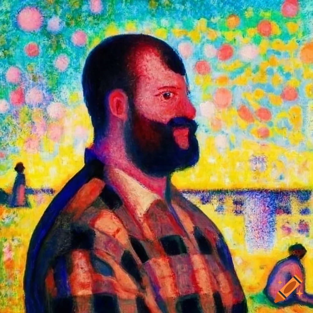Georges Seurat inspired painting of people in flannel shirts