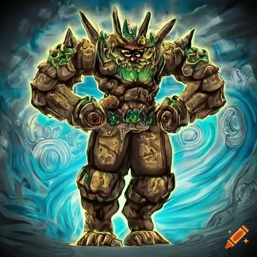 detailed illustration of Mayan Golem in Yu-Gi-Oh style