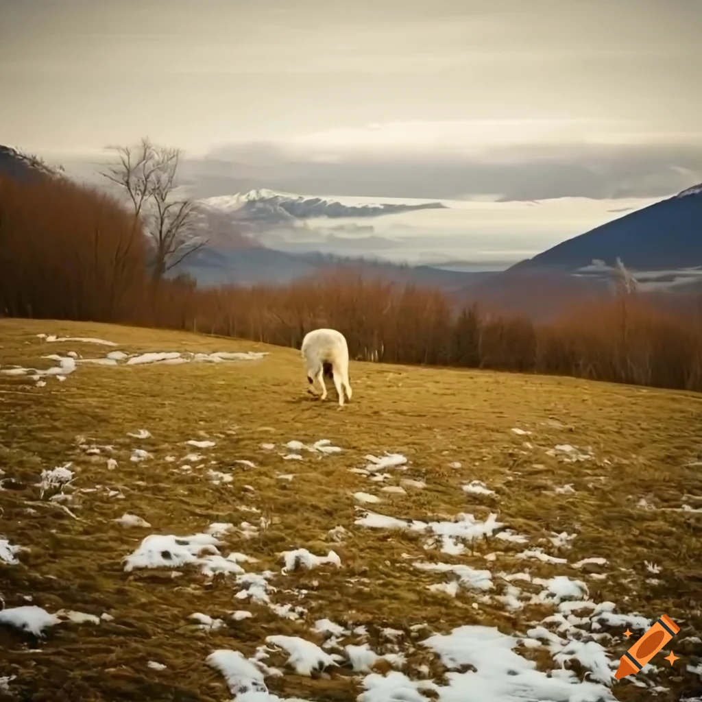 snowy landscape with a white sheep in grassy field