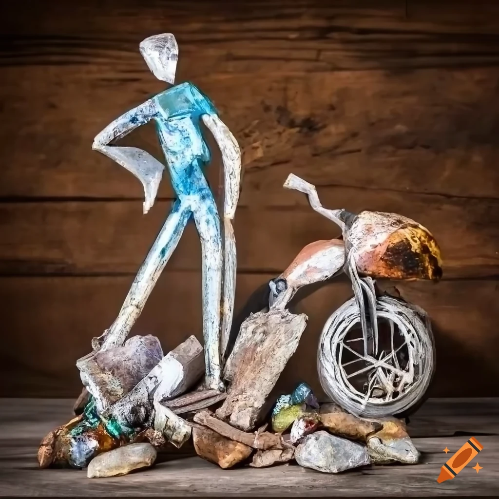 sculpture made of wood, metal, ink, paper, glass, and car parts