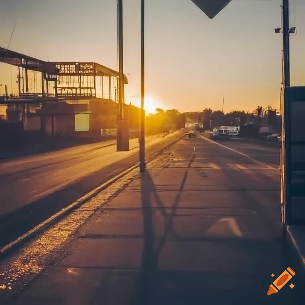 cinematic view of a bus stop during golden hour