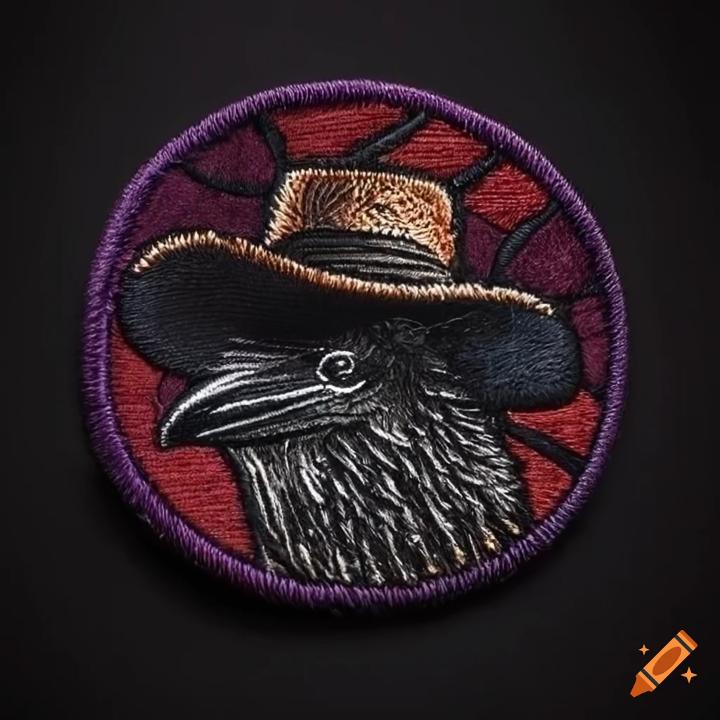 embroidered patch of a cowboy crow