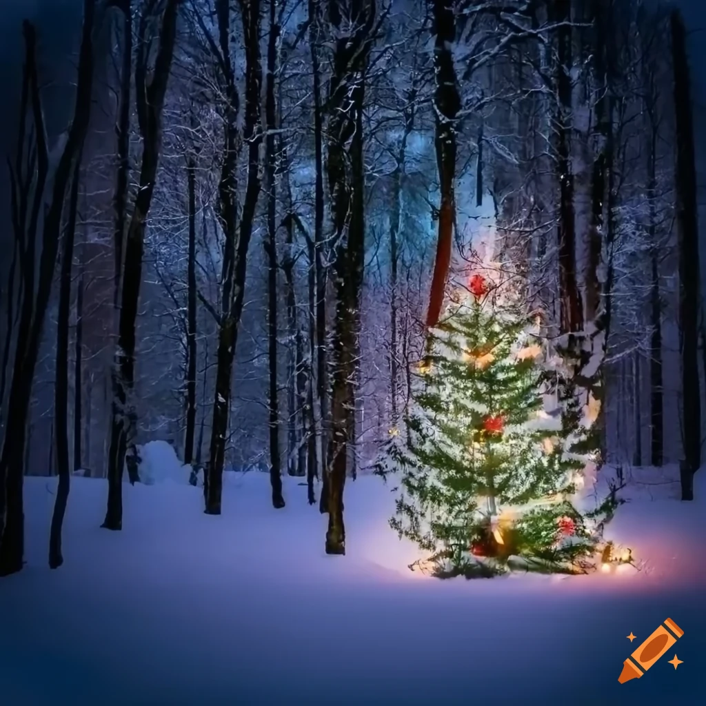 Beautiful winter forest with a decorated christmas tree on Craiyon