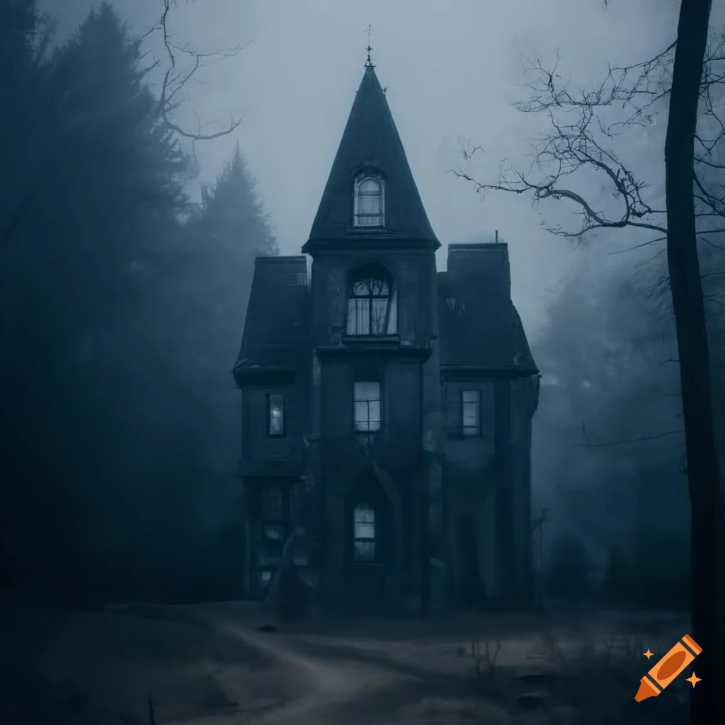 gothic house in a dark foggy forest