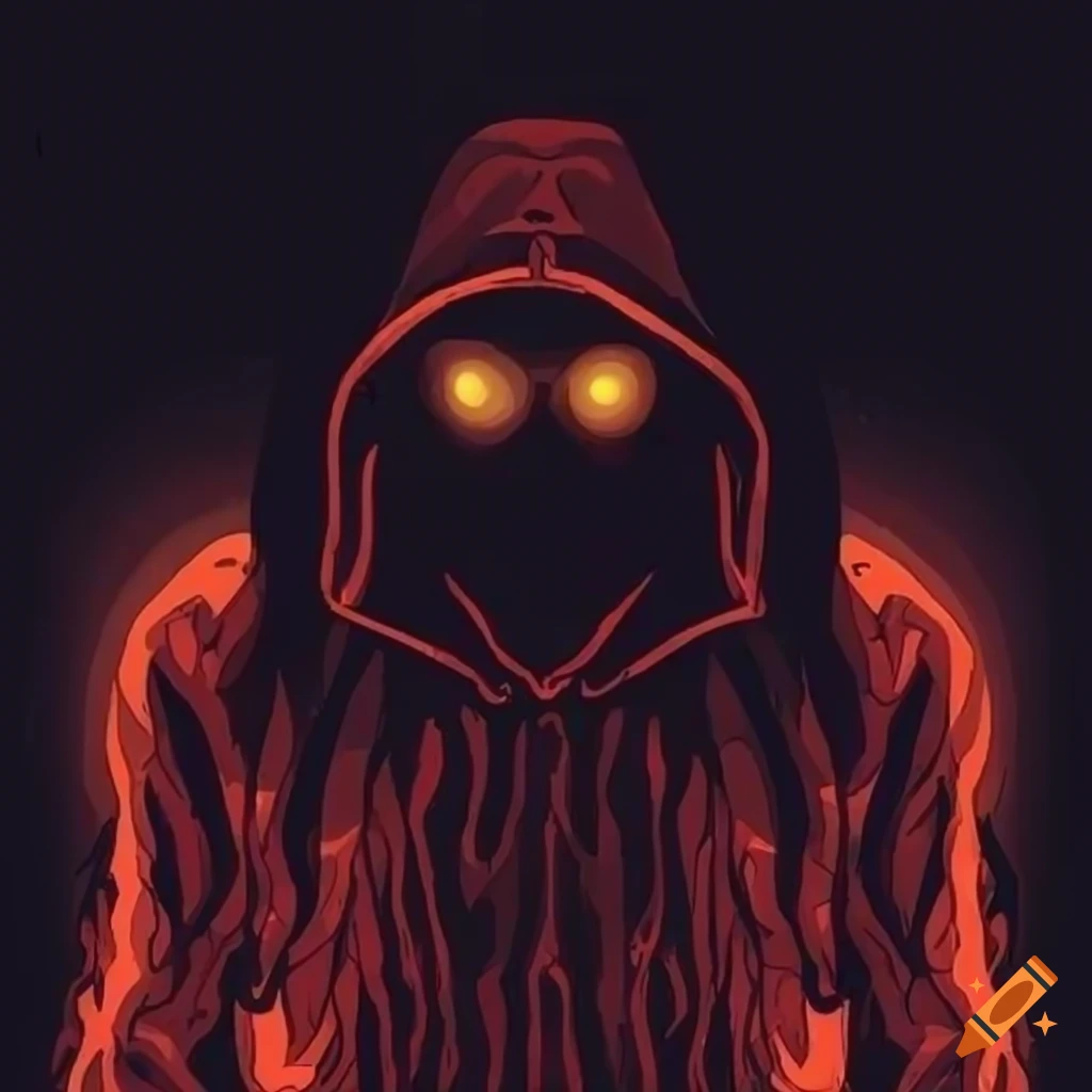 Dark comic style illustration of a hooded figure with glowing yellow eyes