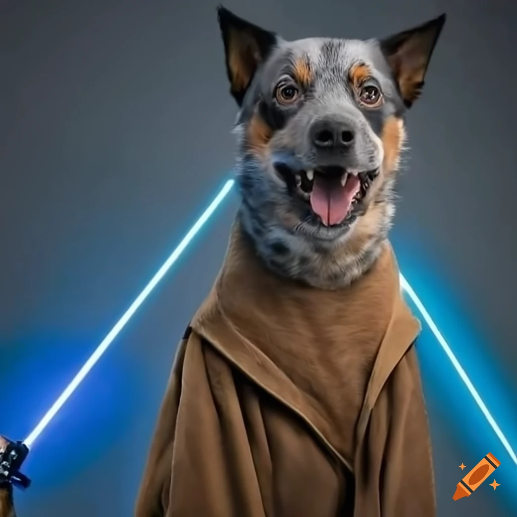 Australian cattle dog dressed as Jedi with a lightsaber
