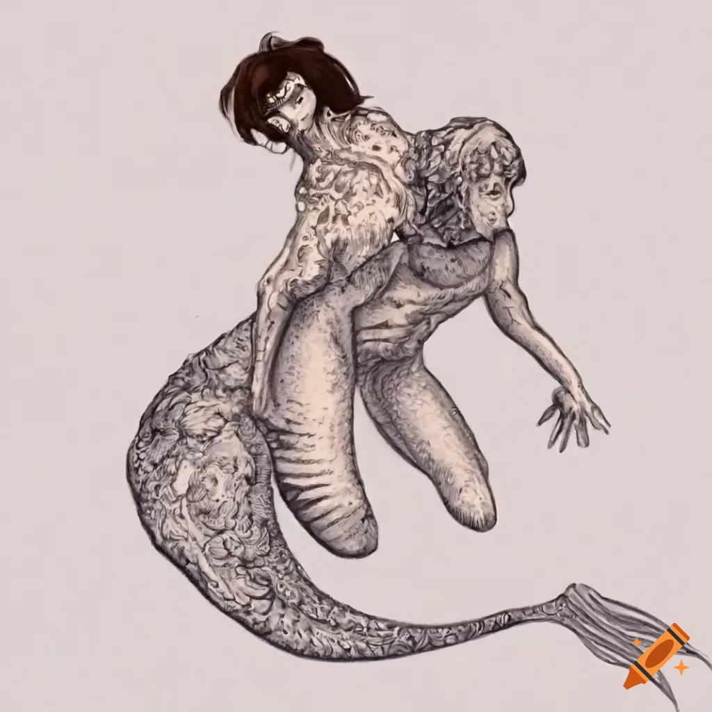 highly detailed etching of a merman with a sea cucumber-lizard hybrid body