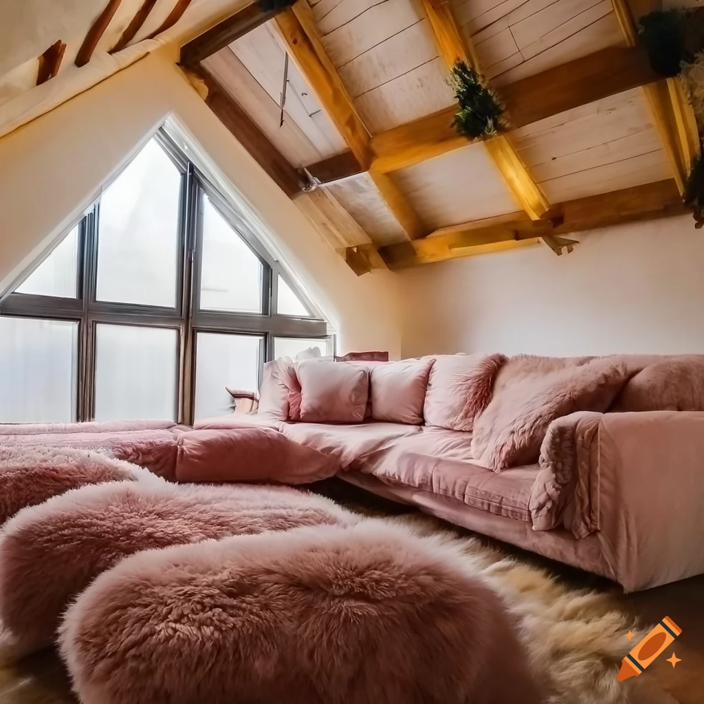 Cozy attic room with fluffy pink teddy blankets on a corner couch