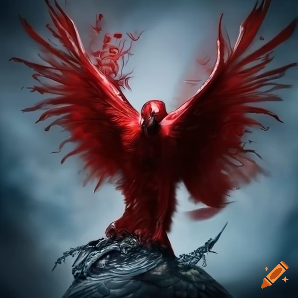 Red raven with black bat illustration on Craiyon