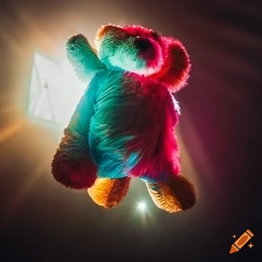 colorful lighting in a girl's room with a flying teddy bear