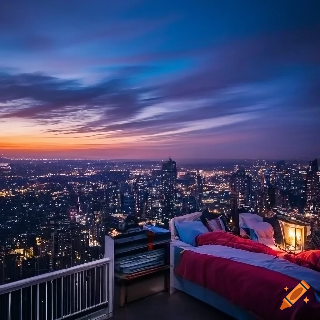 cozy bedroom with a city skyline view at night