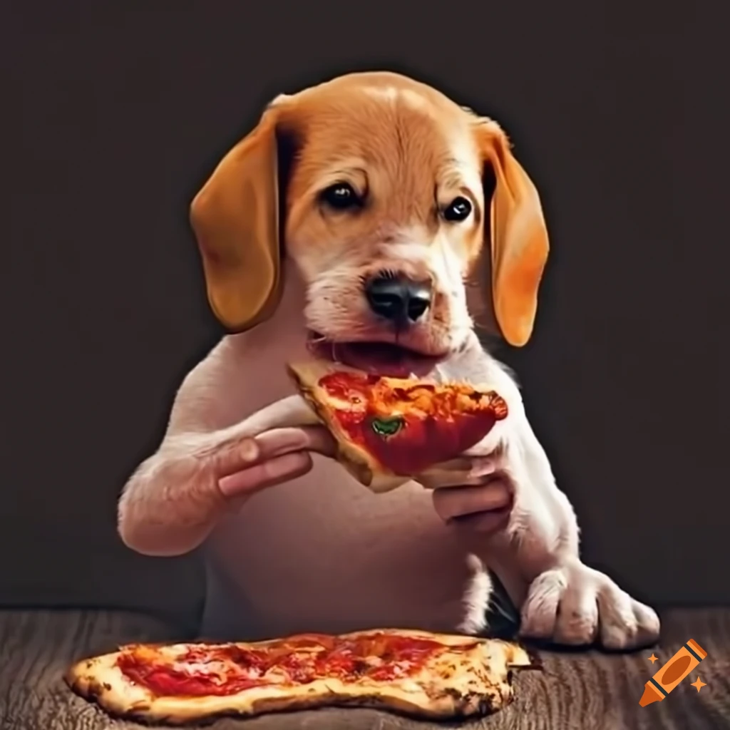 Puppy eating pizza
