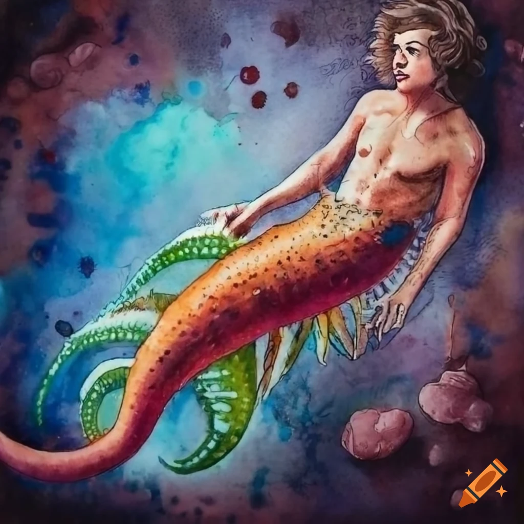 detailed etching of a sea cucumber merman
