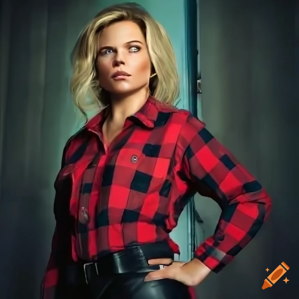 Portrait of a blonde actress in a red plaid shirt and black leather ...