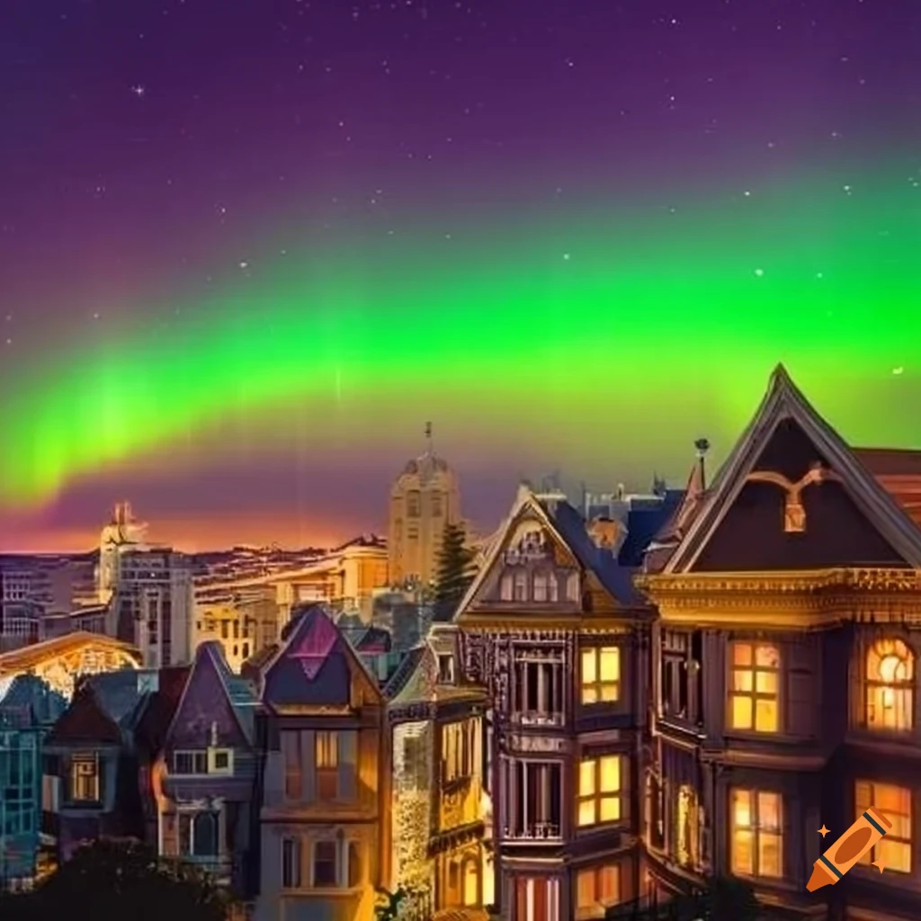 illustration of Northern Lights above Victorian homes in San Francisco