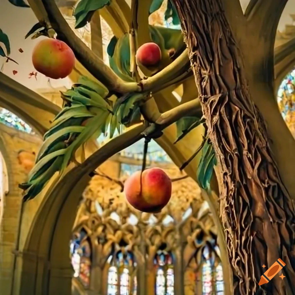 fruit-bearing trees inside a cathedral