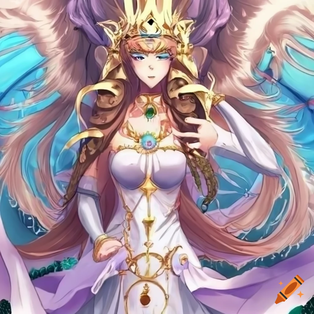 anime-style illustration of a noble queen in her divine form