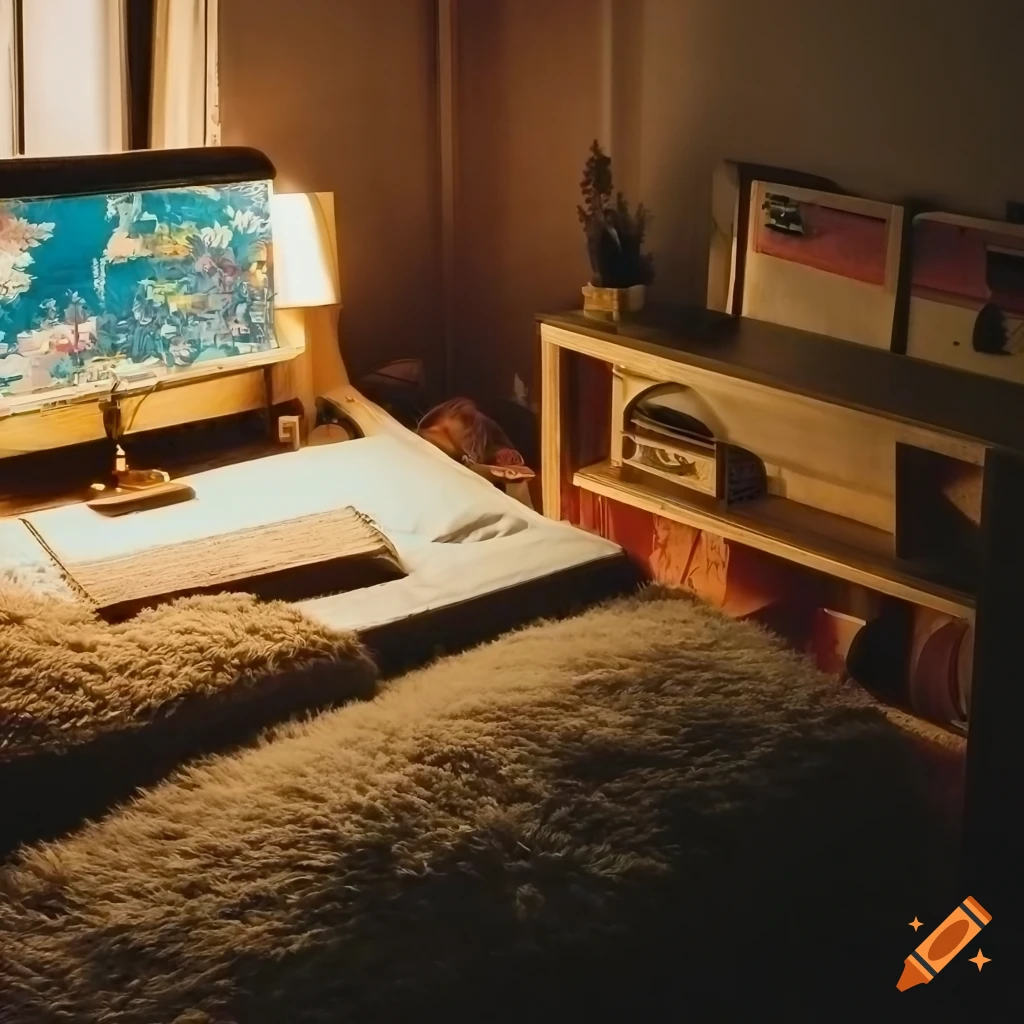 A cozy 80s themed bedroom at sunset on Craiyon
