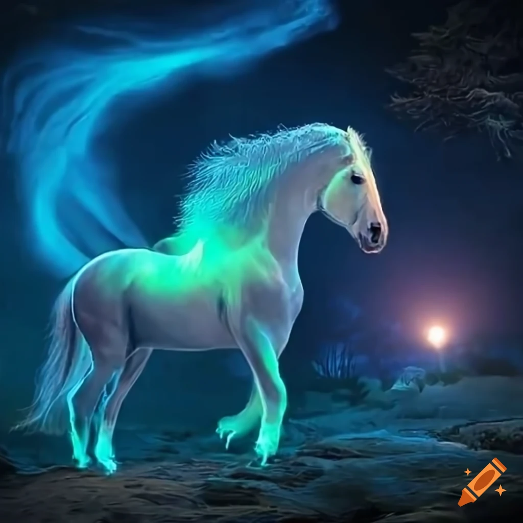 stallion with glowing fiery mane in a magical forest