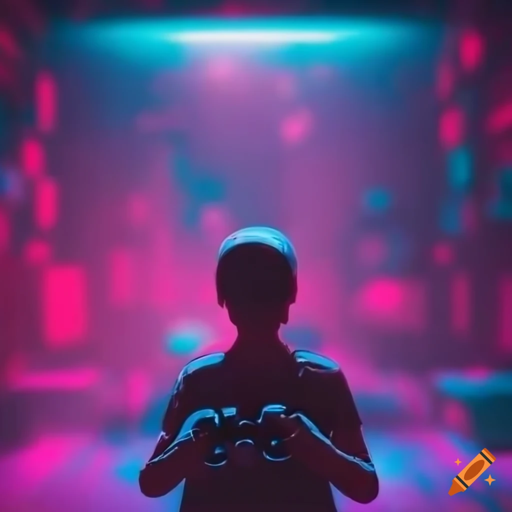 Person Playing Video Games On Computer With Neon Lights illustration-of-forgiving-features-in-video-games-on-craiyon