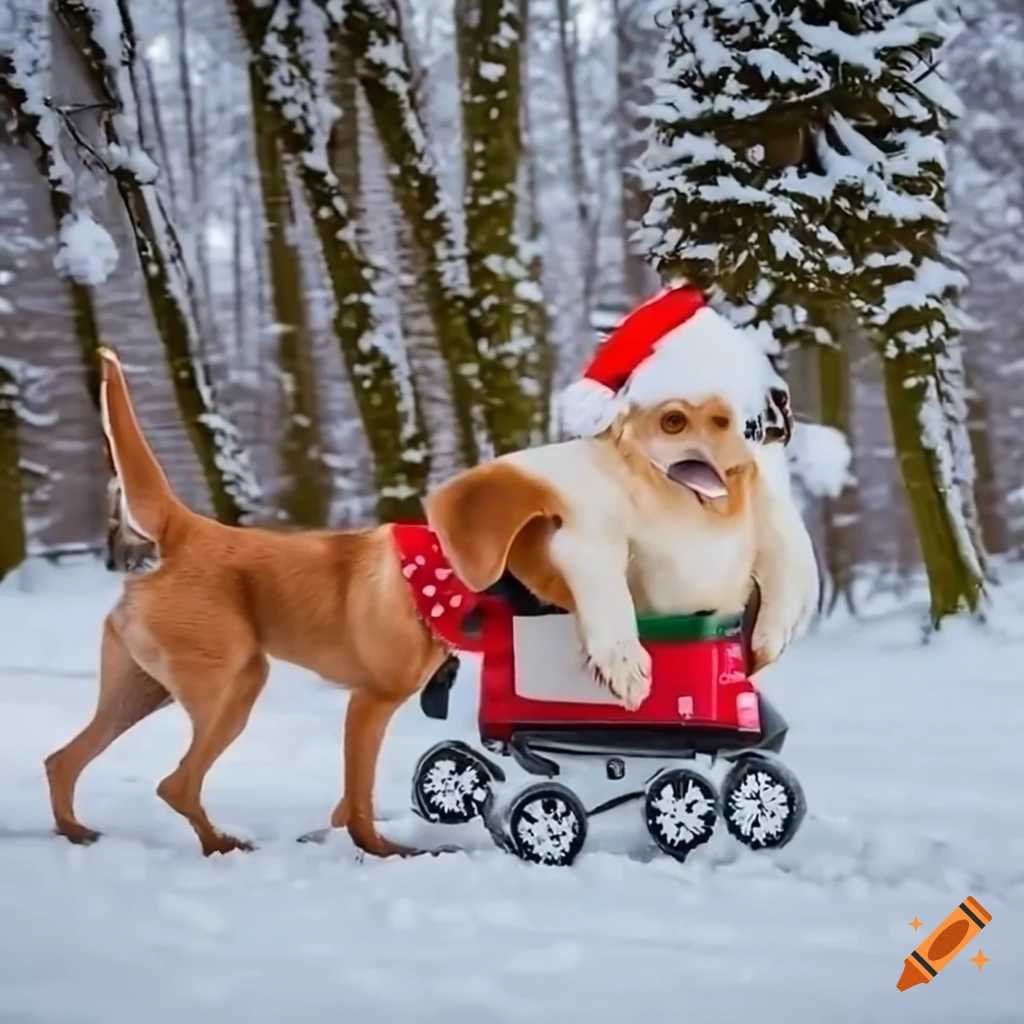 Labrador dog driving formula one car in the snow
