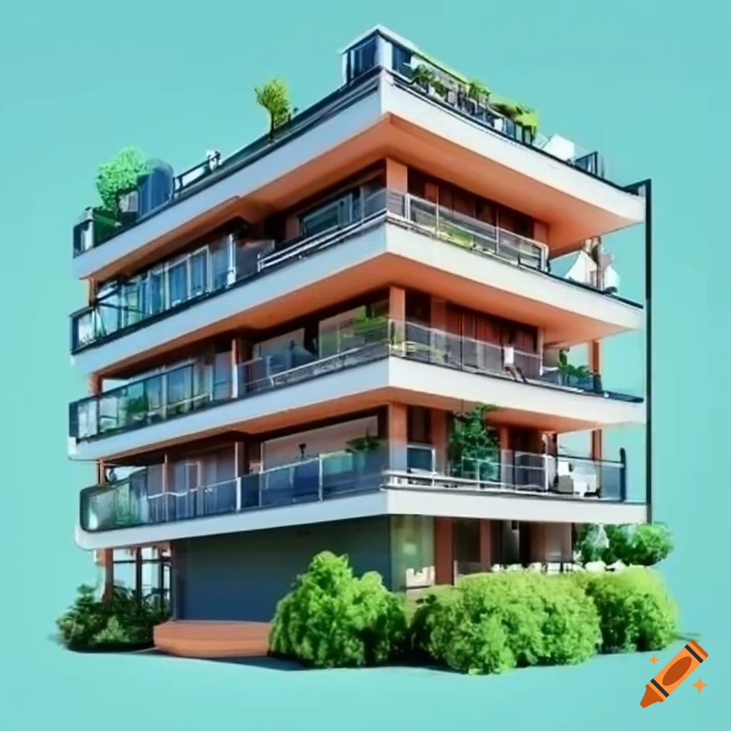 3D rendering of a 4-story building with rooftop terrace