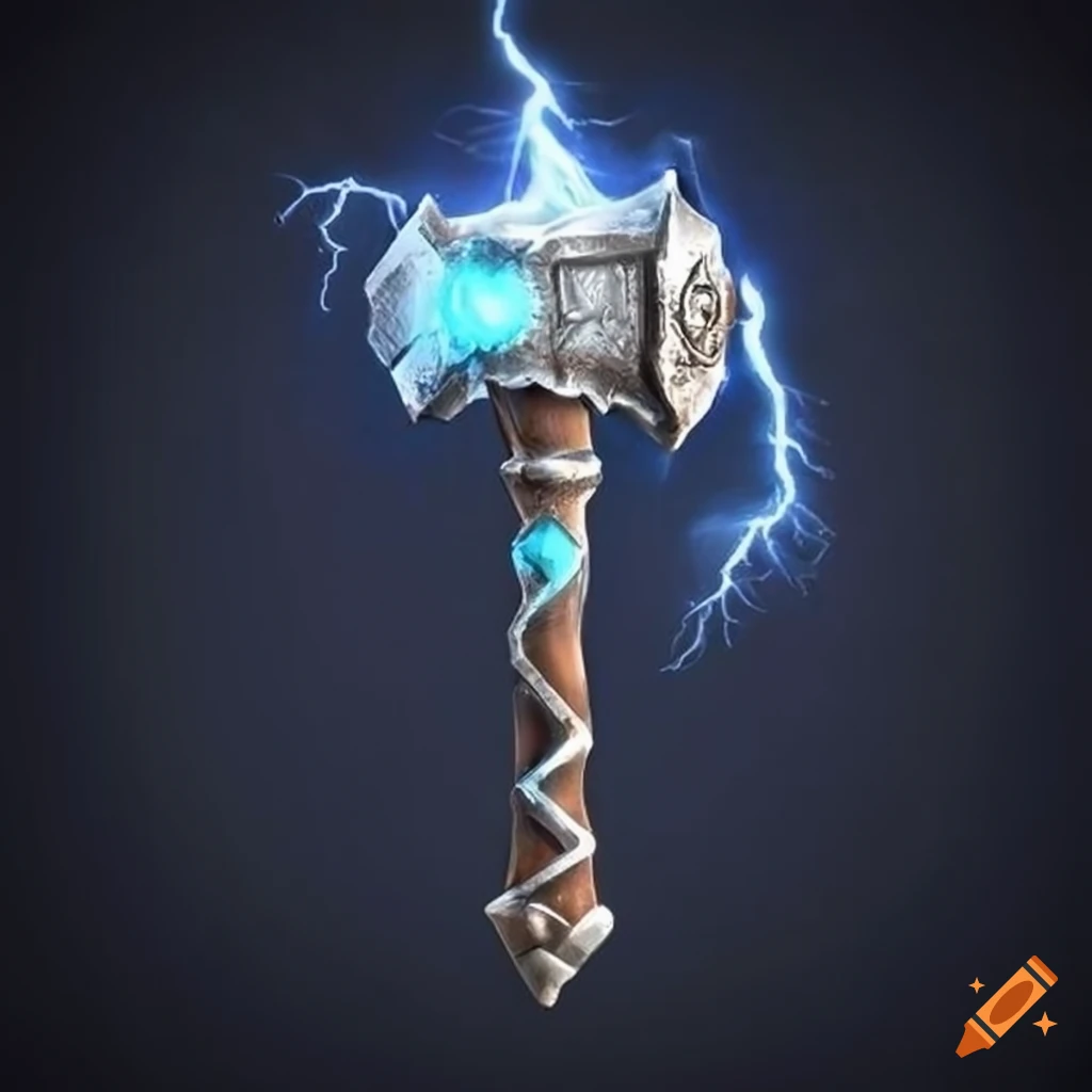 Silver heroic fantasy hammer with lightning on Craiyon