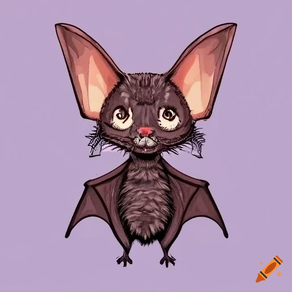 detailed etching of a fluffy bat with a kitten face